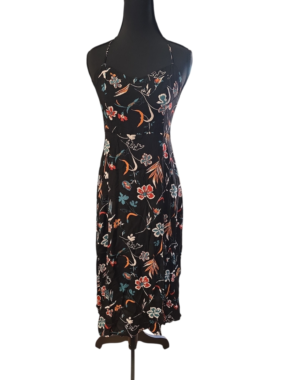 Forever 21 Floral Black Midi Slip Dress with Spaghetti Straps M